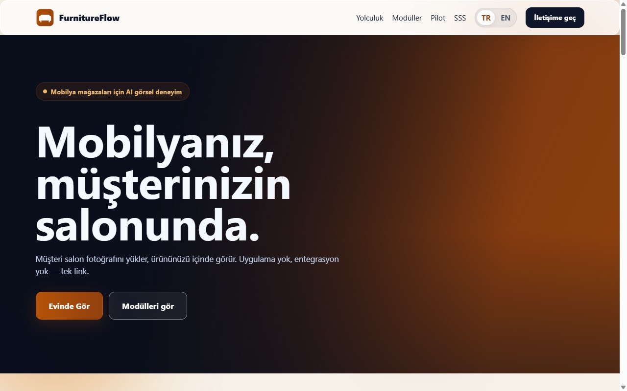 FurnitureFlow arayüzü — evinde gör demosu