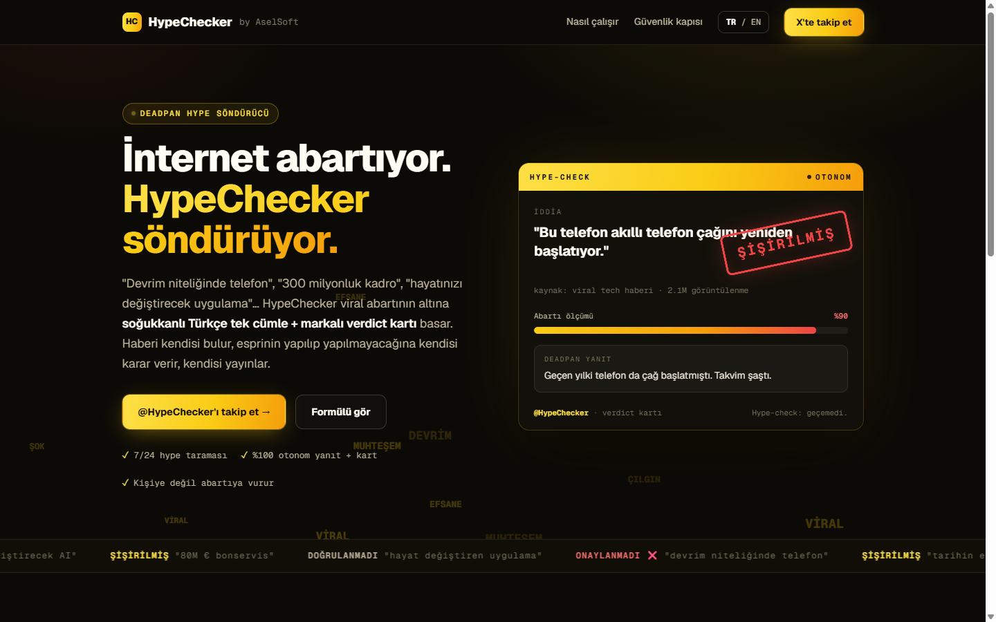 HypeChecker arayüzü — deadpan X personası